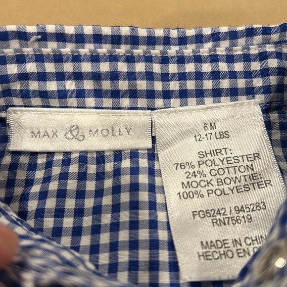 Max & Molly Blue Checkered Shirt with Bow Tie Infant Size 6 Months - Picture 5 of 10